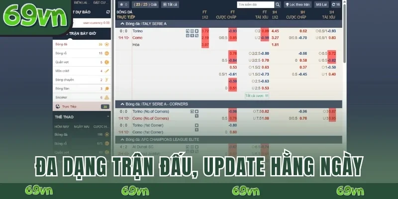Đa dạng trận đấu update hằng ngày